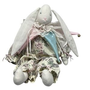 ENESCO White Bunny Rabbit Doll Decoration Jester Lace Neck Floral Outfit 18"H